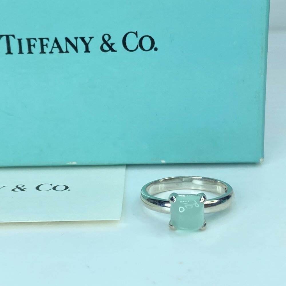 JR899 Tiffany & Co. 925 Paloma Picasso Aqua Chalcedony Cabochon Sugar ring s7.5